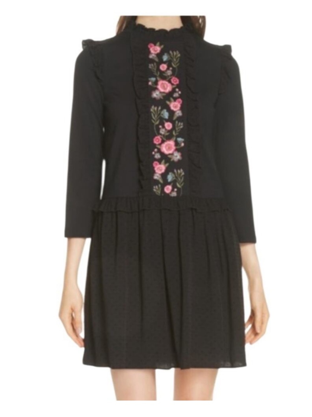 EUC kate spade mixed media Black Mini Dress with Pink Floral Embroidery size M